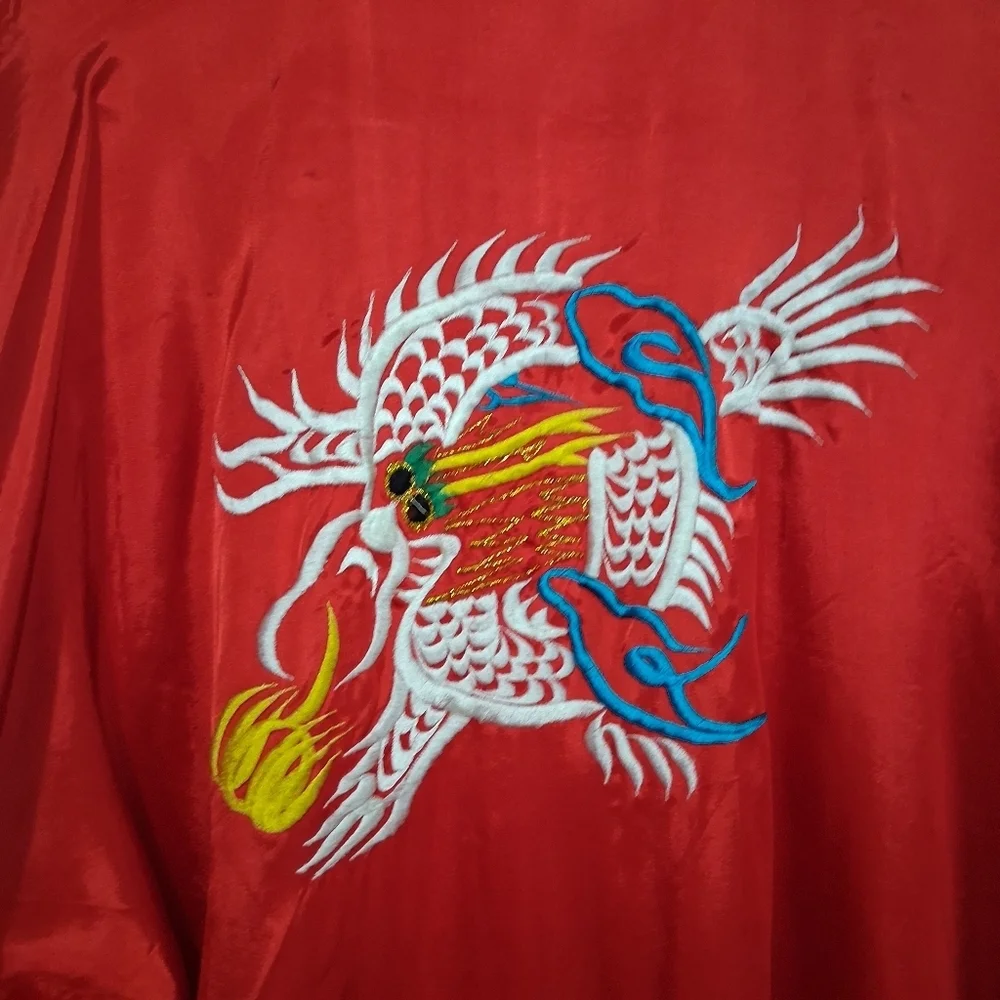 Vintage Red Dragon Kimono Robe Embroidery And Waist Tie